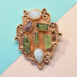 Pink Green Tourmaline Moonstone Wide Band Copper Ring Size 8 Handmade Artisan